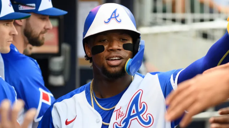 Ronald Acuña Jr. reacts after his game-changing double play in right field against the New York Mets.