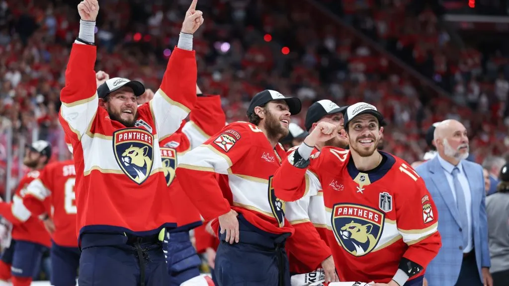Evan Rodrigues, Carter Verhaeghe and Sam Reinhart celebrate after defeating the Edmonton Oilers to win the Stanley Cup in Game Six of the 2025 Stanley Cup Final. (Source: Christian Petersen/Getty Images)