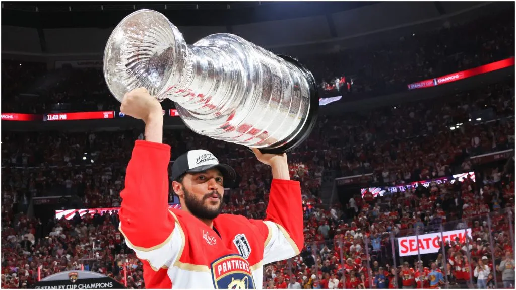Seth Jones #3 of the Florida Panthers celebrates with the Stanley Cup after defeating the Edmonton Oilers in Game Six of the 2025 Stanley Cup Final at Amerant Bank Arena on June 17, 2025 in Sunrise, Florida.