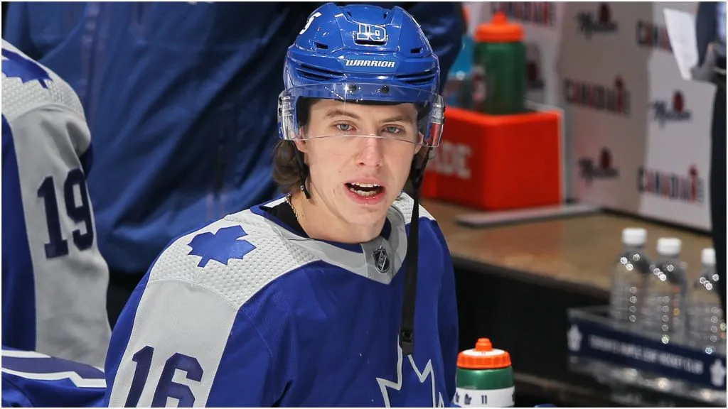 Mitchell Marner #16 of the Toronto Maple Leafs warms up prior to playing against the Winnipeg Jets in an NHL game at Scotiabank Arena on March 9, 2021 in Toronto, Ontario, Canada.