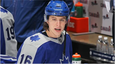 Mitchell Marner #16 of the Toronto Maple Leafs warms up prior to playing against the Winnipeg Jets in an NHL game at Scotiabank Arena on March 9, 2021 in Toronto, Ontario, Canada.