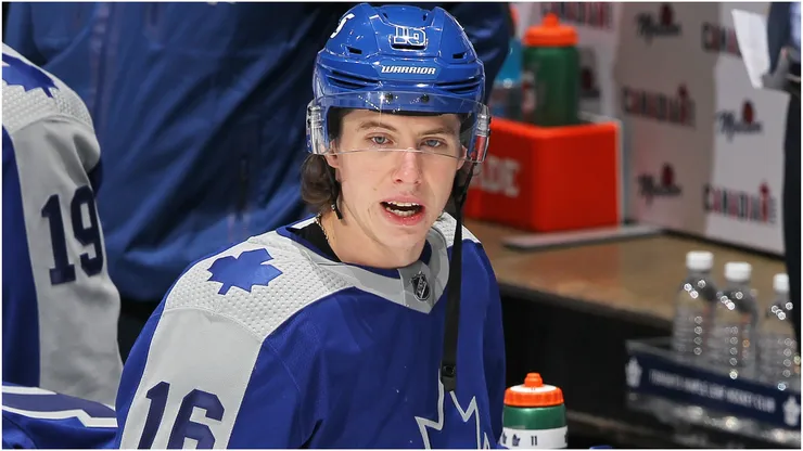 Mitchell Marner #16 of the Toronto Maple Leafs warms up prior to playing against the Winnipeg Jets in an NHL game at Scotiabank Arena on March 9, 2021 in Toronto, Ontario, Canada.
