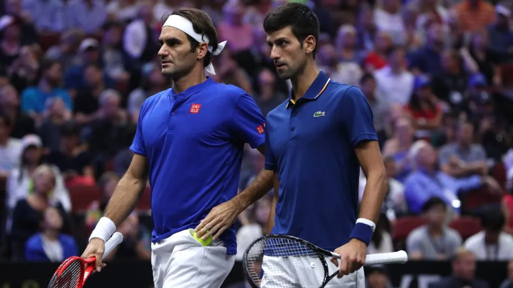 Roger Federer and Novak Djokovic playing against Team World at the 2018 Laver Cup. (Matthew Stockman/Getty Images for The Laver Cup)
