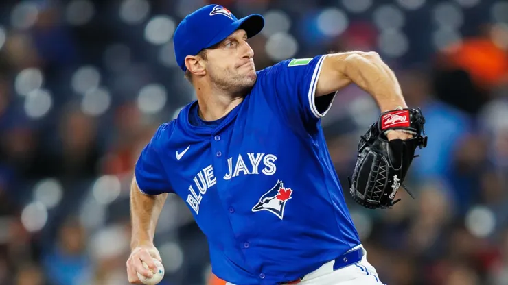 Max Scherzer pitching during his Triple-A rehab start in Worcester, where he struck out eight batters and reached his target pitch count, marking a key milestone in his return to the Blue Jays.