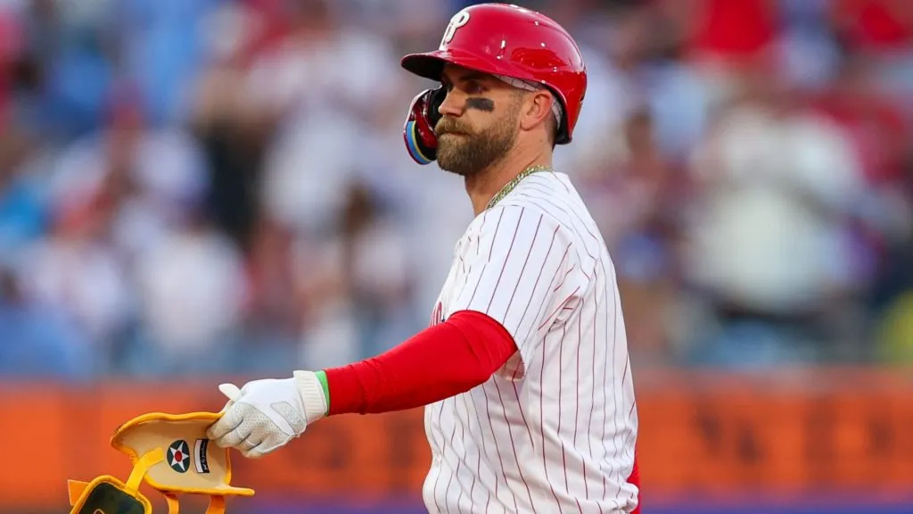 Bryce Harper #3 of the Philadelphia Phillies reacts after sliding safely into second base after hitting an RBI double against the Pittsburgh Pirates in the fourth inning at Citizens Bank Park on May 17, 2025 in Philadelphia, Pennsylvania. (Photo by Heather Barry/Getty Images)