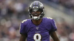 Quarterback Lamar Jackson #8 of the Baltimore Ravens reacts after throwing a touchdown pass to tight end Mark Andrews #89 of the Baltimore Ravens a against the Houston Texans during the second quarter at M&T Bank Stadium on November 17, 2019 in Baltimore, Maryland.