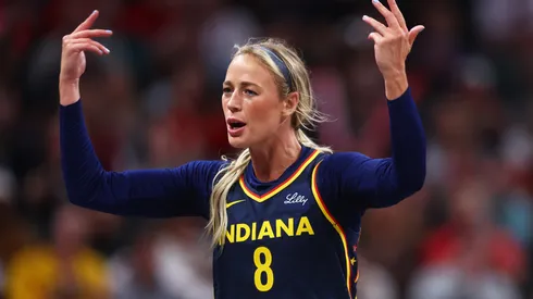 Sophie Cunningham reacts during Indiana Fever's match vs Washington Mystics