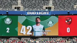 The LED screen displays the name, number and picture of the Jose Manuel Lopez #42 of Palmeiras (not pictured) who scores his team's second goal during the FIFA Club World Cup 2025 group A match between SE Palmeiras and Al Ahly SC.