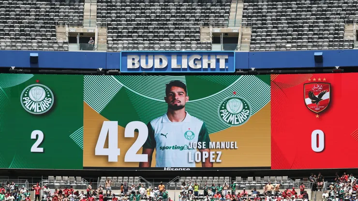 The LED screen displays the name, number and picture of the Jose Manuel Lopez #42 of Palmeiras (not pictured) who scores his team's second goal during the FIFA Club World Cup 2025 group A match between SE Palmeiras and Al Ahly SC.