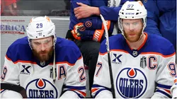 Connor McDavid #97 and Leon Draisaitl #29 of the Edmonton Oilers react after a goal by the Florida Panthers during the second period in Game Six of the 2025 Stanley Cup Final at Amerant Bank Arena on June 17, 2025 in Sunrise, Florida.