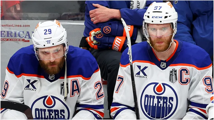 Connor McDavid #97 and Leon Draisaitl #29 of the Edmonton Oilers react after a goal by the Florida Panthers during the second period in Game Six of the 2025 Stanley Cup Final at Amerant Bank Arena on June 17, 2025 in Sunrise, Florida.