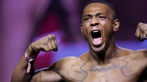 Jamahal Hill stands on the scale during the UFC 300 ceremonial weigh-in at MGM Grand Garden Arena on April 12, 2024 in Las Vegas, Nevada
