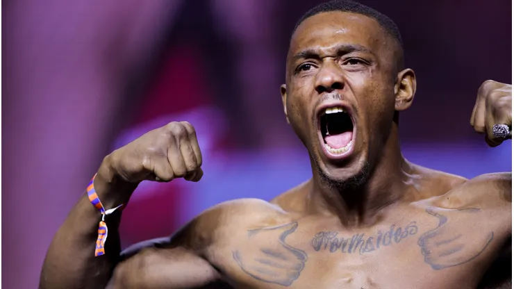 Jamahal Hill stands on the scale during the UFC 300 ceremonial weigh-in at MGM Grand Garden Arena on April 12, 2024 in Las Vegas, Nevada