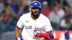 Vladimir Guerrero Jr. #27 of the Toronto Blue Jays reacts after walking in the fifth inning during a game against the Arizona Diamondbacks at Rogers Centre on June 18, 2025 in Toronto, Ontario, Canada.