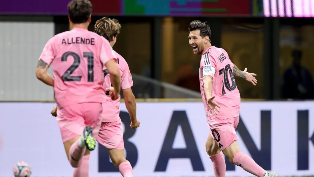 Lionel Messi #10 of Inter Miami CF celebrates scoring his team’s second goal during the FIFA Club World Cup 2025 group A match against Porto. (Alex Grimm/Getty Images)