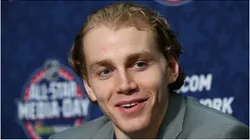 Patrick Kane #88 of the Chicago Blackhawks speaks during Media Availability for the 2015 NHL All-Star Weekend at the Nationwide Arena on January 23, 2015 in Columbus, Ohio.