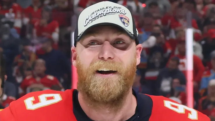 Sam Bennett of the Florida Panthers celebrates after the 5-1 win in Game 6 of the 2025 Stanley Cup Final against the Edmonton Oilers.