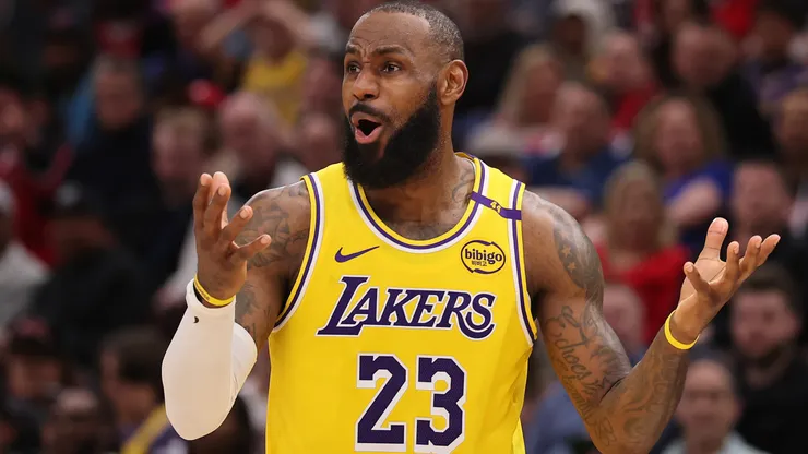LeBron James #23 of the Los Angeles Lakers reacts against the Chicago Bulls.