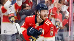 Matthew Tkachuk #19 of the Florida Panthers celebrates after scoring his second goal of the first period against the Edmonton Oilers in Game Four of the 2025 Stanley Cup Final at Amerant Bank Arena on June 12, 2025 in Sunrise, Florida.