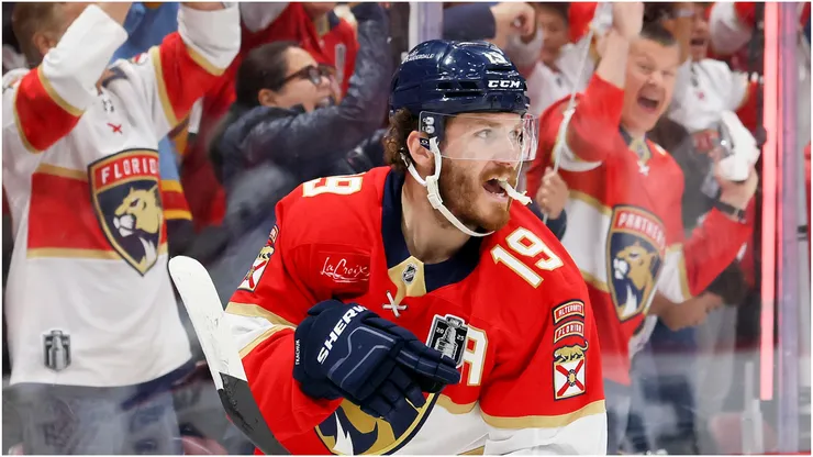 Matthew Tkachuk #19 of the Florida Panthers celebrates after scoring his second goal of the first period against the Edmonton Oilers in Game Four of the 2025 Stanley Cup Final at Amerant Bank Arena on June 12, 2025 in Sunrise, Florida.