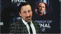 Brad Marchand #63 of the Florida Panthers speaks with the media following the game against the Edmonton Oilers during Game Three of the 2025 NHL Stanley Cup Final at Amerant Bank Arena on June 09, 2025 in Sunrise, Florida.