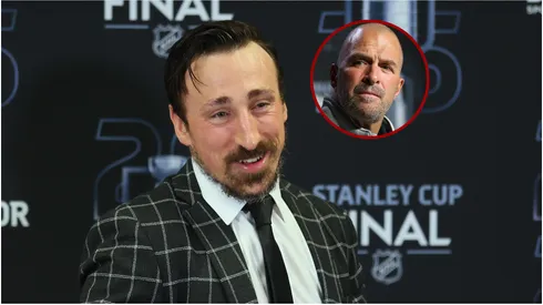Brad Marchand #63 of the Florida Panthers speaks with the media following the game against the Edmonton Oilers during Game Three of the 2025 NHL Stanley Cup Final at Amerant Bank Arena on June 09, 2025 in Sunrise, Florida.