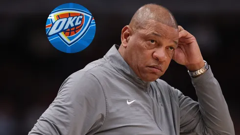 Head coach Doc Rivers of the Milwaukee Bucks and OKC Thunder logo.