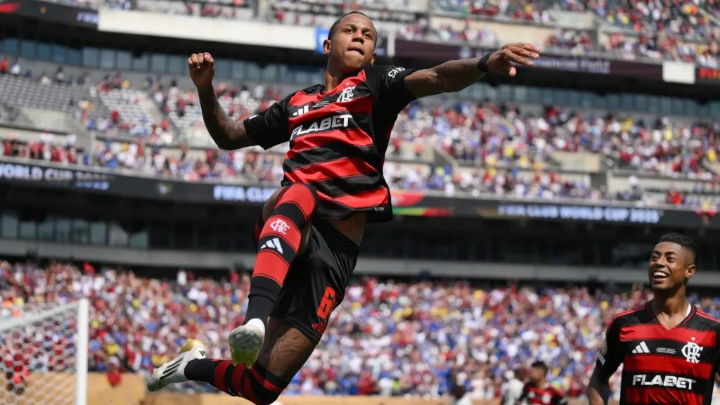 Wallace Yan #64 of CR Flamengo celebrates scoring his team’s third goal during the FIFA Club World Cup 2025 group D match against Chelsea. (David Ramos/Getty Images)
