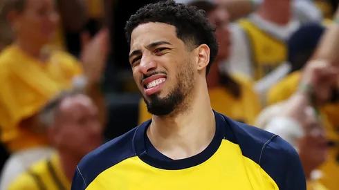 Tyrese Haliburton #0 of the Indiana Pacers reacts against the Oklahoma City Thunder during the second quarter in Game Six of the 2025 NBA Finals at Gainbridge Fieldhouse on June 19, 2025 in Indianapolis, Indiana.