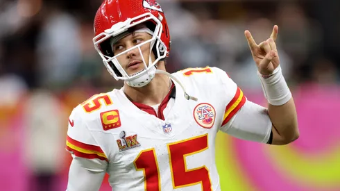 Patrick Mahomes #15 of the Kansas City Chiefs reacts in the fourth quarter against the Philadelphia Eagles during Super Bowl LIX at Caesars Superdome on February 09, 2025 in New Orleans, Louisiana.