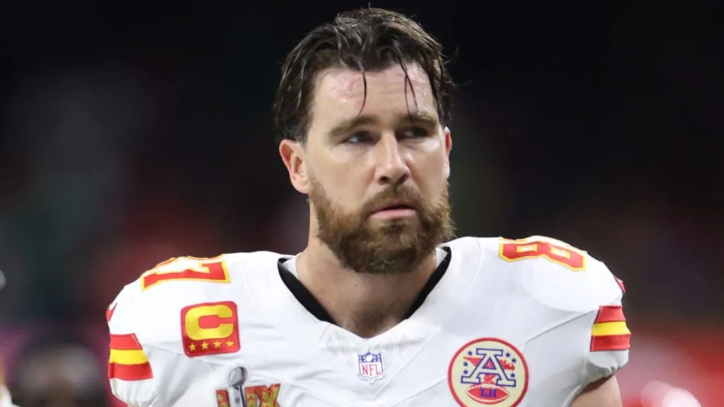 Travis Kelce #87 of the Kansas City Chiefs walks off the field at half time against the Philadelphia Eagles during Super Bowl LIX at Caesars Superdome on February 09, 2025 in New Orleans, Louisiana.
