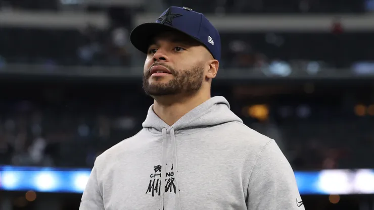 Dak Prescott #4 of the Dallas Cowboys looks on prior to the game against the Washington Commanders at AT&T Stadium on January 05, 2025 in Arlington, Texas.
