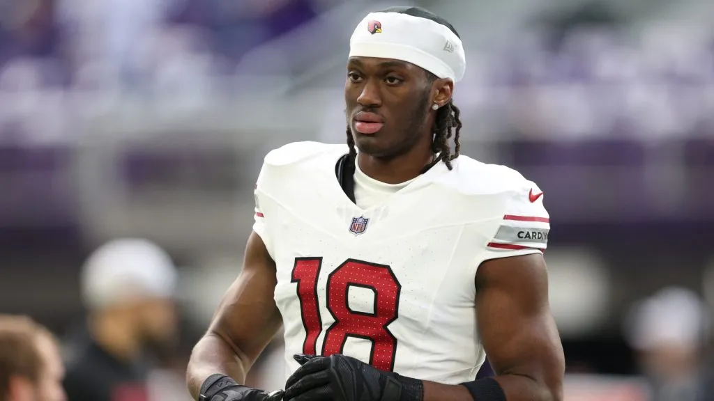 Marvin Harrison Jr. #18 of the Arizona Cardinals warms up prior to a game against the Minnesota Vikings at U.S. Bank Stadium on December 01, 2024 in Minneapolis, Minnesota.