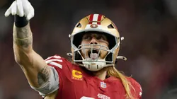 George Kittle #85 of the San Francisco 49ers reacts after his first down reception against the Detroit Lions during the first quarter at Levi's Stadium on December 30, 2024 in Santa Clara, California.