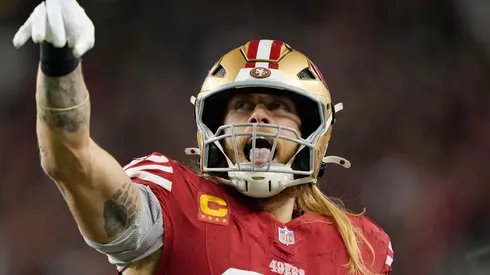 George Kittle #85 of the San Francisco 49ers reacts after his first down reception against the Detroit Lions during the first quarter at Levi's Stadium on December 30, 2024 in Santa Clara, California.
