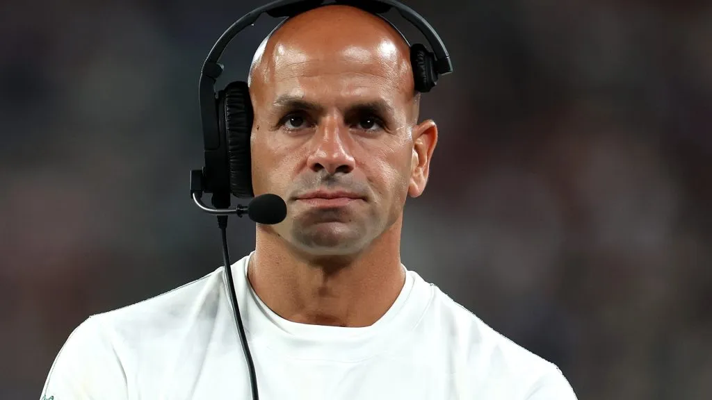 Robert Saleh of the New York Jets looks on against the New York Giants during the first quarter of a preseason game at MetLife Stadium on August 24, 2024 in East Rutherford, New Jersey.