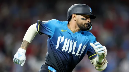 Nick Castellanos #8 of the Philadelphia Phillies runs to first base during a game against the Los Angeles Dodgers at Citizens Bank Park on April 04, 2025 in Philadelphia, Pennsylvania.
