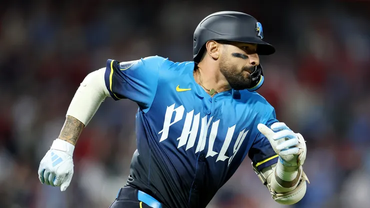 Nick Castellanos #8 of the Philadelphia Phillies runs to first base during a game against the Los Angeles Dodgers at Citizens Bank Park on April 04, 2025 in Philadelphia, Pennsylvania.