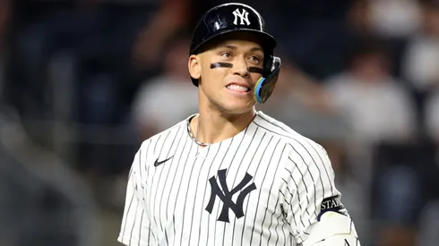 Aaron Judge #99 of the New York Yankees looks on after striking out in the ninth inning against the Baltimore Orioles at Yankee Stadium on June 20, 2025 in New York City.