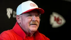 Head coach Andy Reid of the Kansas City Chiefs talks to members of the press during a press conference at The University of Kansas Health System Training Complex on June 19, 2025 in Kansas City, Missouri.