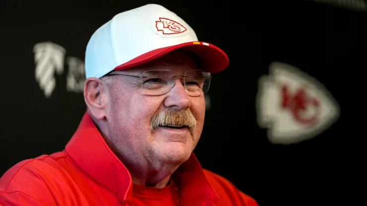 Head coach Andy Reid of the Kansas City Chiefs talks to members of the press during a press conference at The University of Kansas Health System Training Complex on June 19, 2025 in Kansas City, Missouri.
