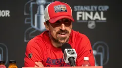 Brad Marchand #63 of the Florida Panthers addresses the media following Game Five of the 2025 Stanley Cup Final against the Edmonton Oilers at Rogers Place on June 14, 2024 in Edmonton, Alberta, Canada.