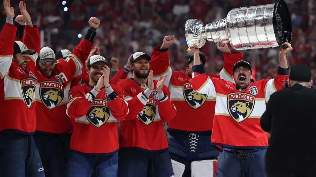 Brad Marchand #63 of the Florida Panthers celebrates with the Stanley Cup after winning in Game Six of the 2025 Stanley Cup Finals at Amerant Bank Arena on June 17, 2025 in Sunrise, Florida. (Photo by Christian Petersen/Getty Images)