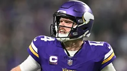 Sam Darnold #14 of the Minnesota Vikings reacts after a throwing a touchdown pass during the second quarter against the Green Bay Packers at U.S. Bank Stadium on December 29, 2024 in Minneapolis, Minnesota.