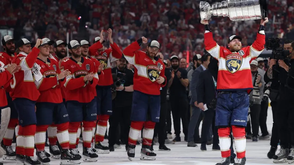 Sam Bennett #9 of the Florida Panthers celebrates with the Stanley Cup after winning in Game Six of the 2025 Stanley Cup Finals at Amerant Bank Arena on June 17, 2025 in Sunrise, Florida. (Photo by Christian Petersen/Getty Images)