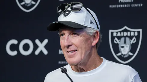 Head coach Pete Carroll of the Las Vegas Raiders attends a news conference after mandatory minicamp at the Las Vegas Raiders Headquarters/Intermountain Healthcare Performance Center on June 12, 2025 in Henderson, Nevada.