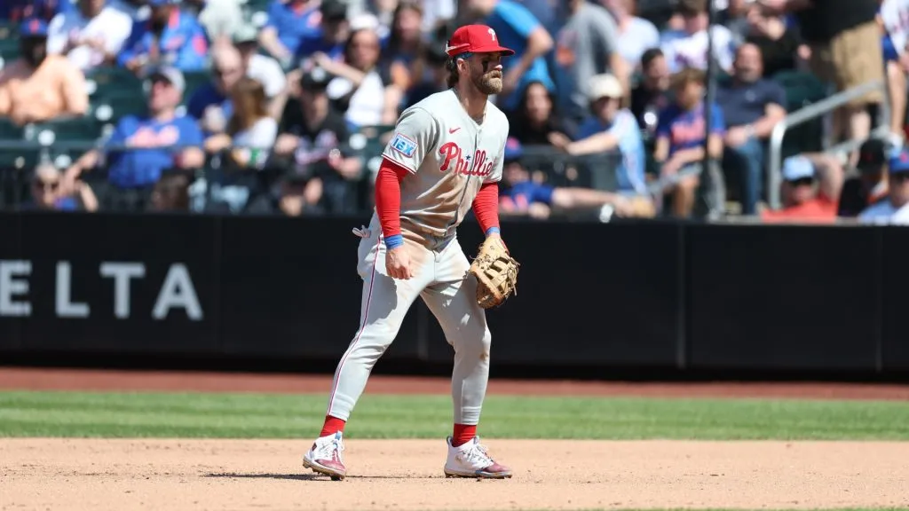 Bryce Harper #3 of the Philadelphia Phillies in action against the New York Mets during their game at Citi Field on April 23, 2025 in New York City. (Photo by Al Bello/Getty Images)