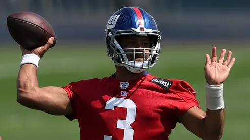 Russell Wilson #3 of the New York Giants during a New York Giants practice session at NY Giants Quest Diagnostics Training Center on June 12, 2025 in East Rutherford, New Jersey.