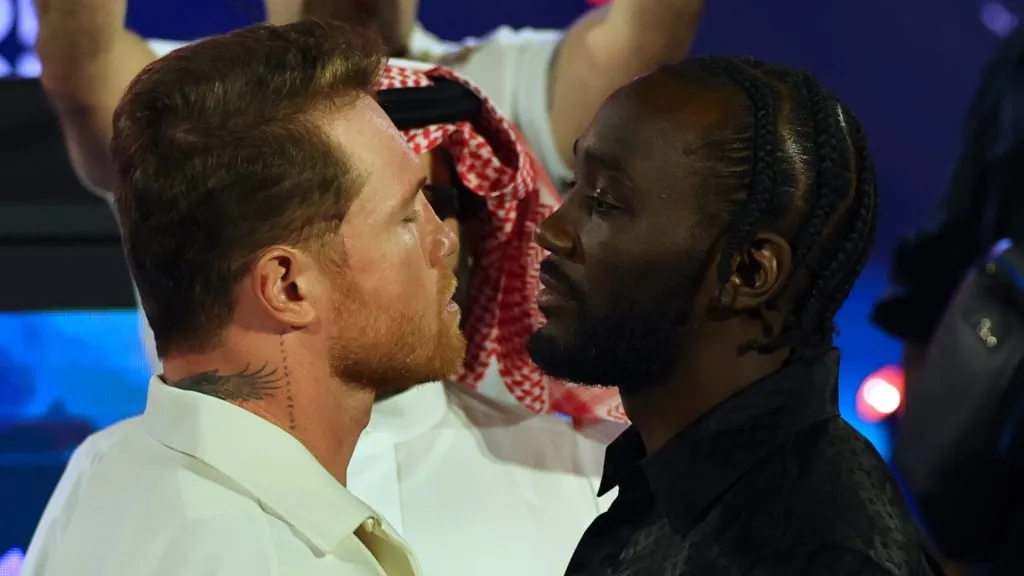 Saul Canelo Alvarez and Terence Crawford face off during the press conference prior to the super middleweight title fight between Saul Canelo Alvarez and Terence Crawford in Blvd City, Bakr Al Sheddi Theatre on June 20, 2025 in Riyadh, Saudi Arabia. (Photo by Abdullah Ahmed/Getty Images)