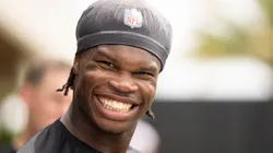 Travis Hunter #12 of the Jacksonville Jaguars speaks to the Media during Jacksonville Jaguars Rookie Minicamp at Miller Electric Center on May 10, 2025 in Jacksonville, Florida.